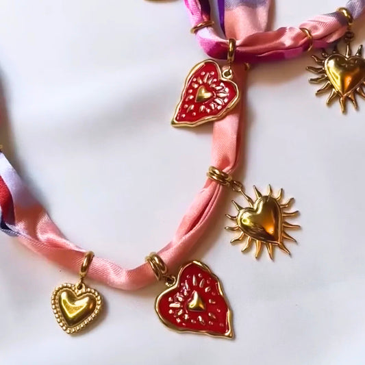 Silk Scarf Necklace with Charms